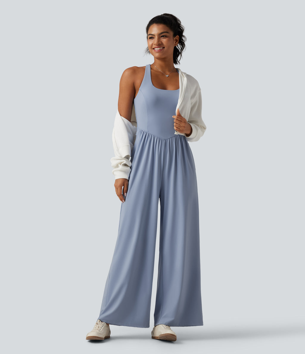 Airy U Neck Crisscross Back InstantCool Dance Jumpsuit with Built-in Bra and Pockets-Edition — Light Grey Blue — view 8