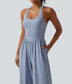 Airy U Neck Crisscross Back InstantCool Dance Jumpsuit with Built-in Bra and Pockets-Edition — Light Grey Blue — view 4