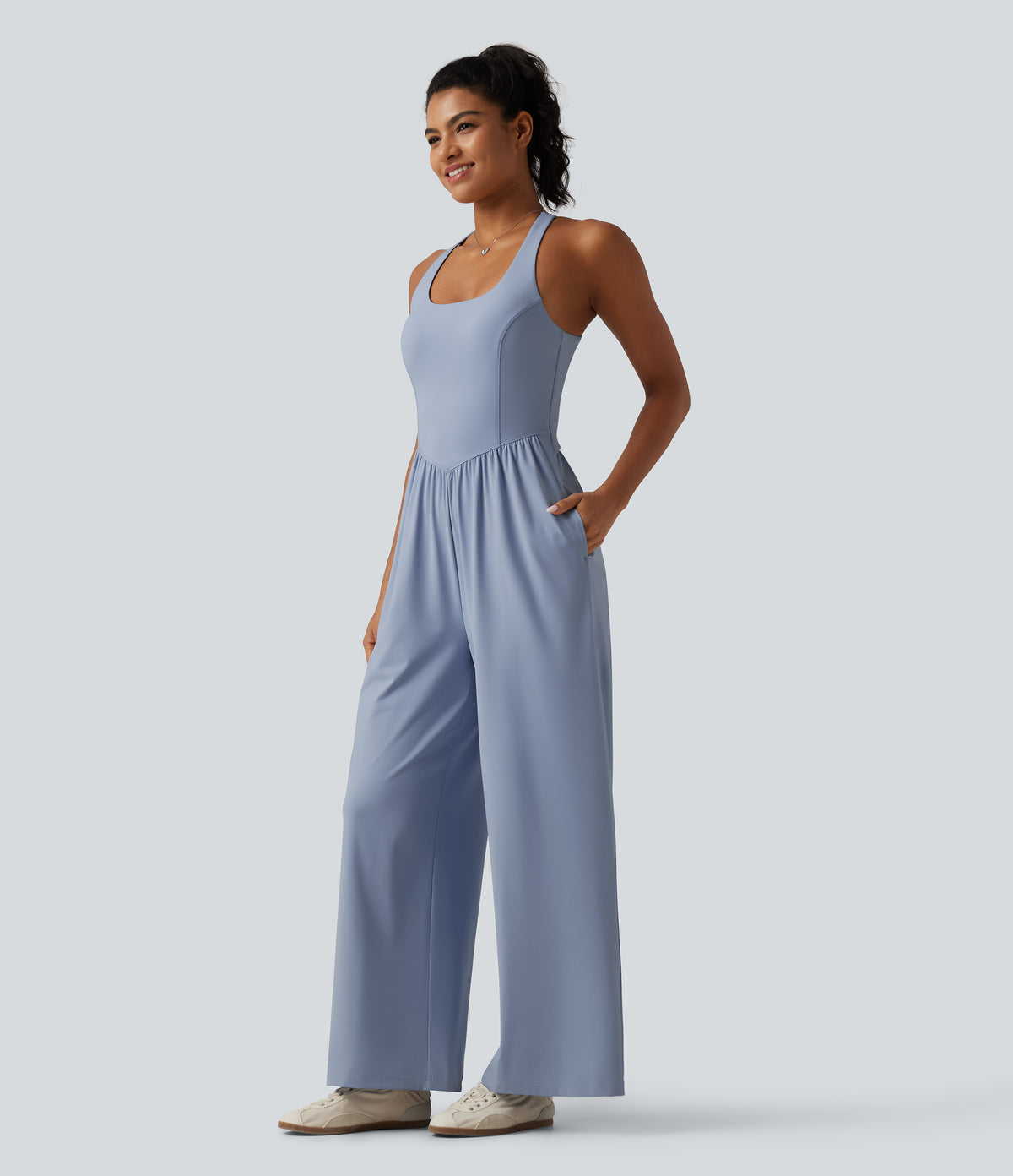 Airy U Neck Crisscross Back InstantCool Dance Jumpsuit with Built-in Bra and Pockets-Edition — Light Grey Blue — view 3
