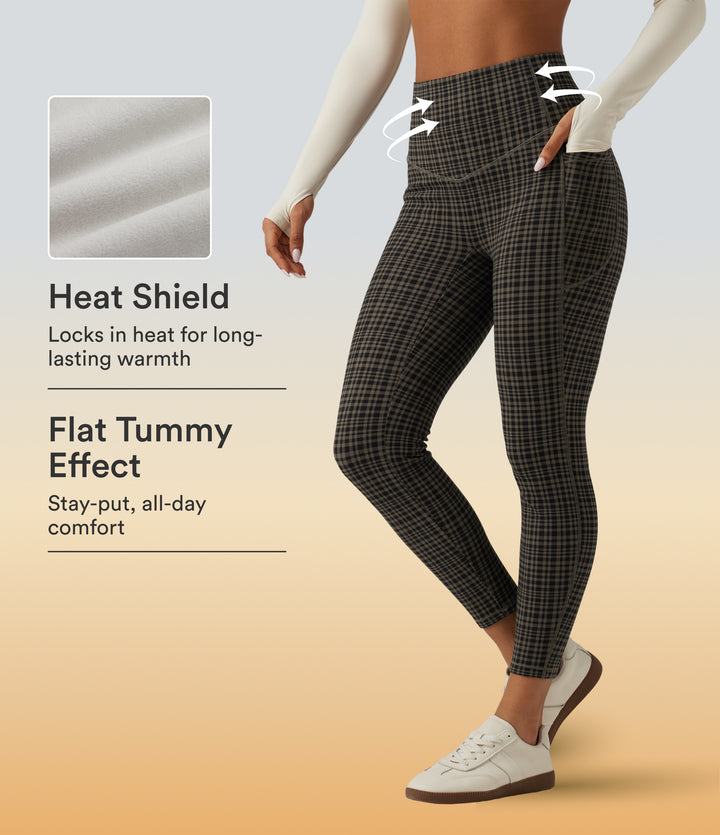 High Waisted Tummy Control Fleece Skinny Plaid Workout Leggings with Pockets — Sandstone Check Plaid — view 1