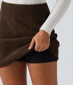 High Waisted A-Line Corduroy Fleece Casual Mini Skirt with Built-in Shorts-Longer Length — Willow Brown — view 5