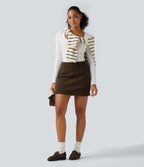 High Waisted A-Line Corduroy Fleece Casual Mini Skirt with Built-in Shorts-Longer Length — Willow Brown — view 4
