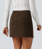 High Waisted A-Line Corduroy Fleece Casual Mini Skirt with Built-in Shorts-Longer Length — Willow Brown — view 2
