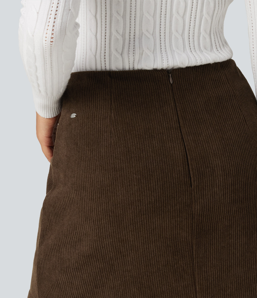 High Waisted A-Line Corduroy Fleece Casual Mini Skirt with Built-in Shorts-Longer Length — Willow Brown — view 6