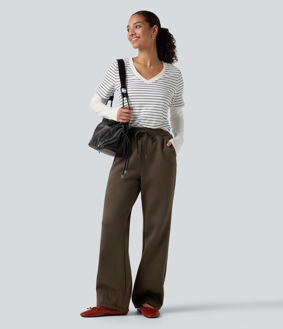 Mid Rise Drawstring Bootcut Fleece Casual Sweatpants with Pockets — Rain Drum — view 8