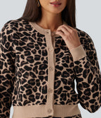 Round Neck Long Sleeve Leopard Print Casual Cardigan — Black Coffee Leopard Print — view 5