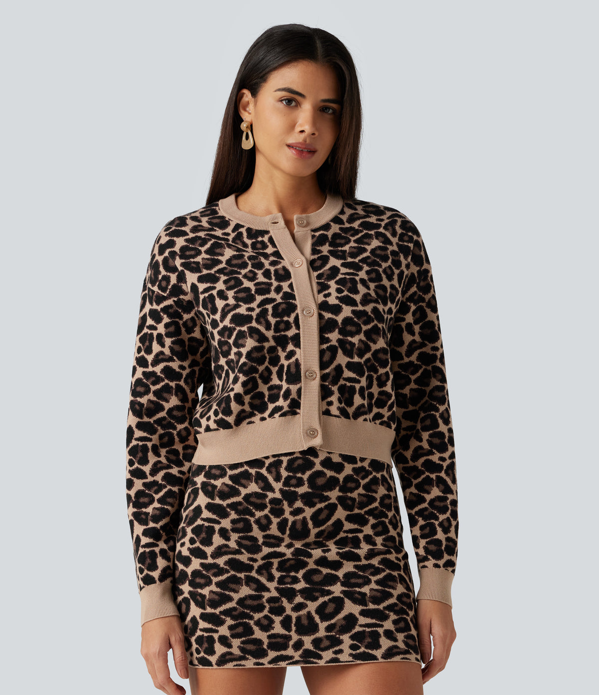 Round Neck Long Sleeve Leopard Print Casual Cardigan — Black Coffee Leopard Print — view 1