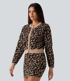 Round Neck Long Sleeve Leopard Print Casual Cardigan — Black Coffee Leopard Print — view 3