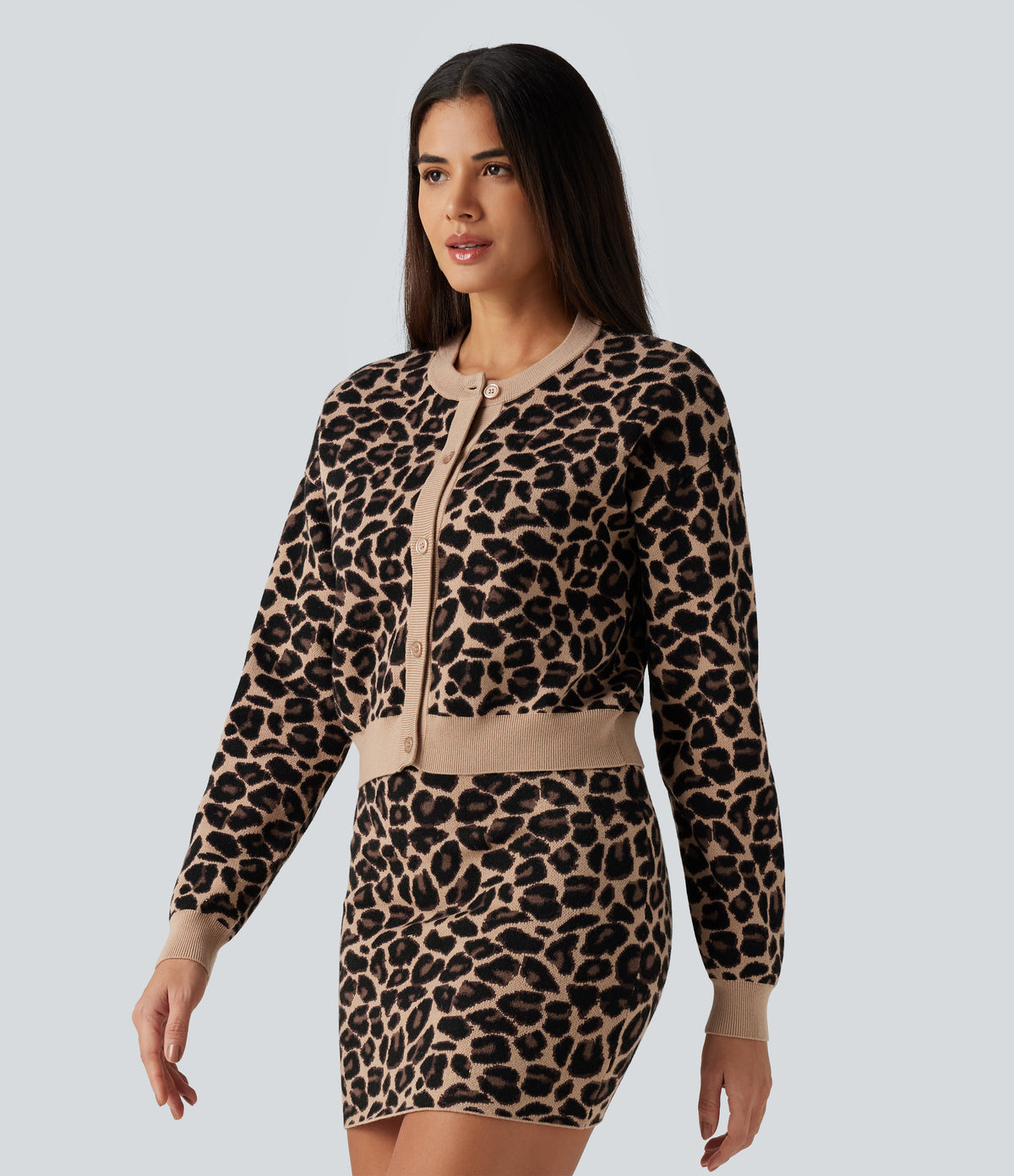 Round Neck Long Sleeve Leopard Print Casual Cardigan — Black Coffee Leopard Print — view 3