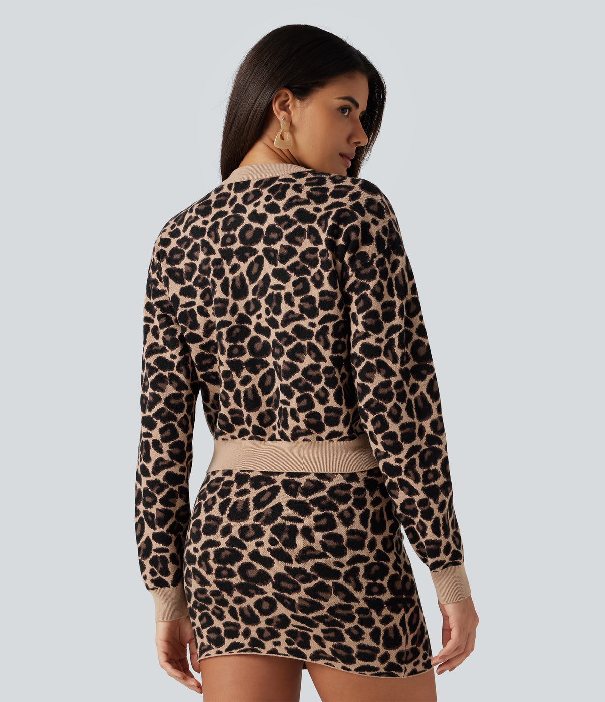 Round Neck Long Sleeve Leopard Print Casual Cardigan — Black Coffee Leopard Print — view 2