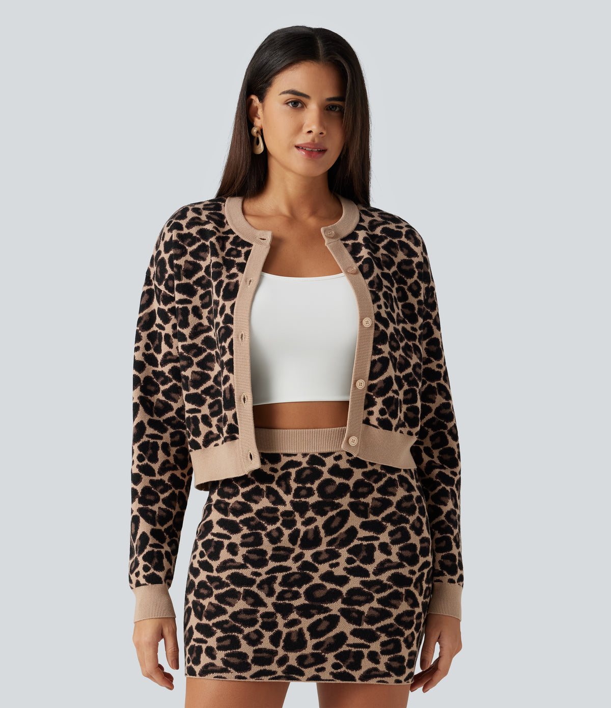 Round Neck Long Sleeve Leopard Print Casual Cardigan — Black Coffee Leopard Print — view 4