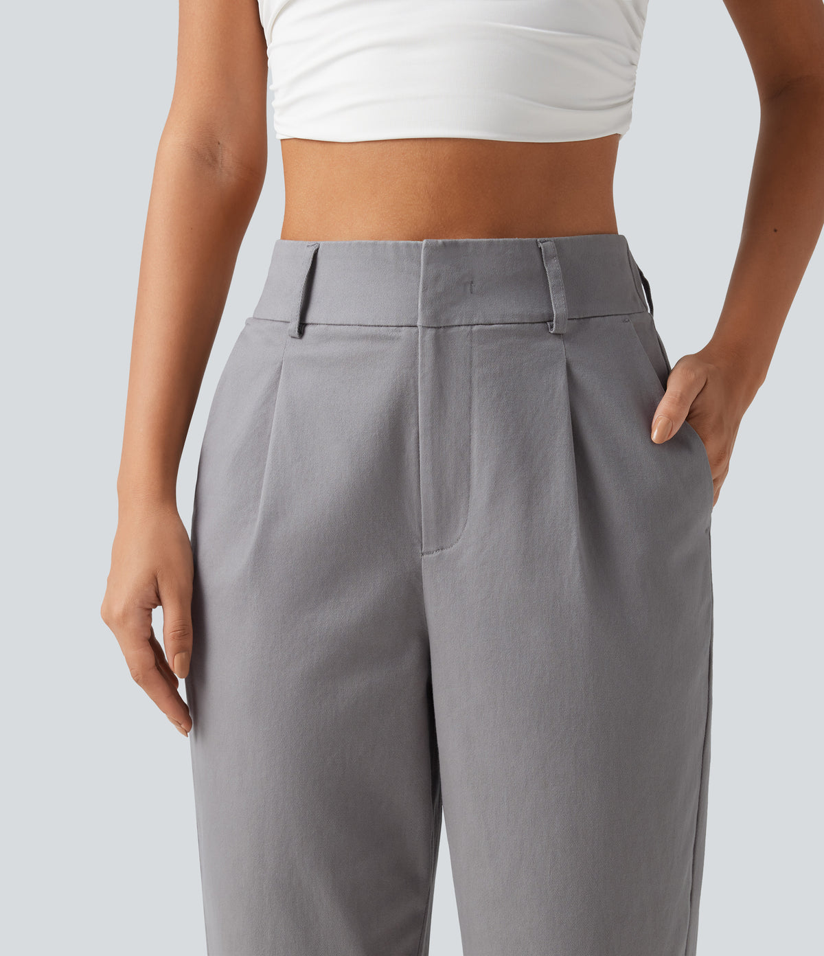 High Waisted Tapered Work Chino Cotton Trousers with Pockets — Gull — view 4