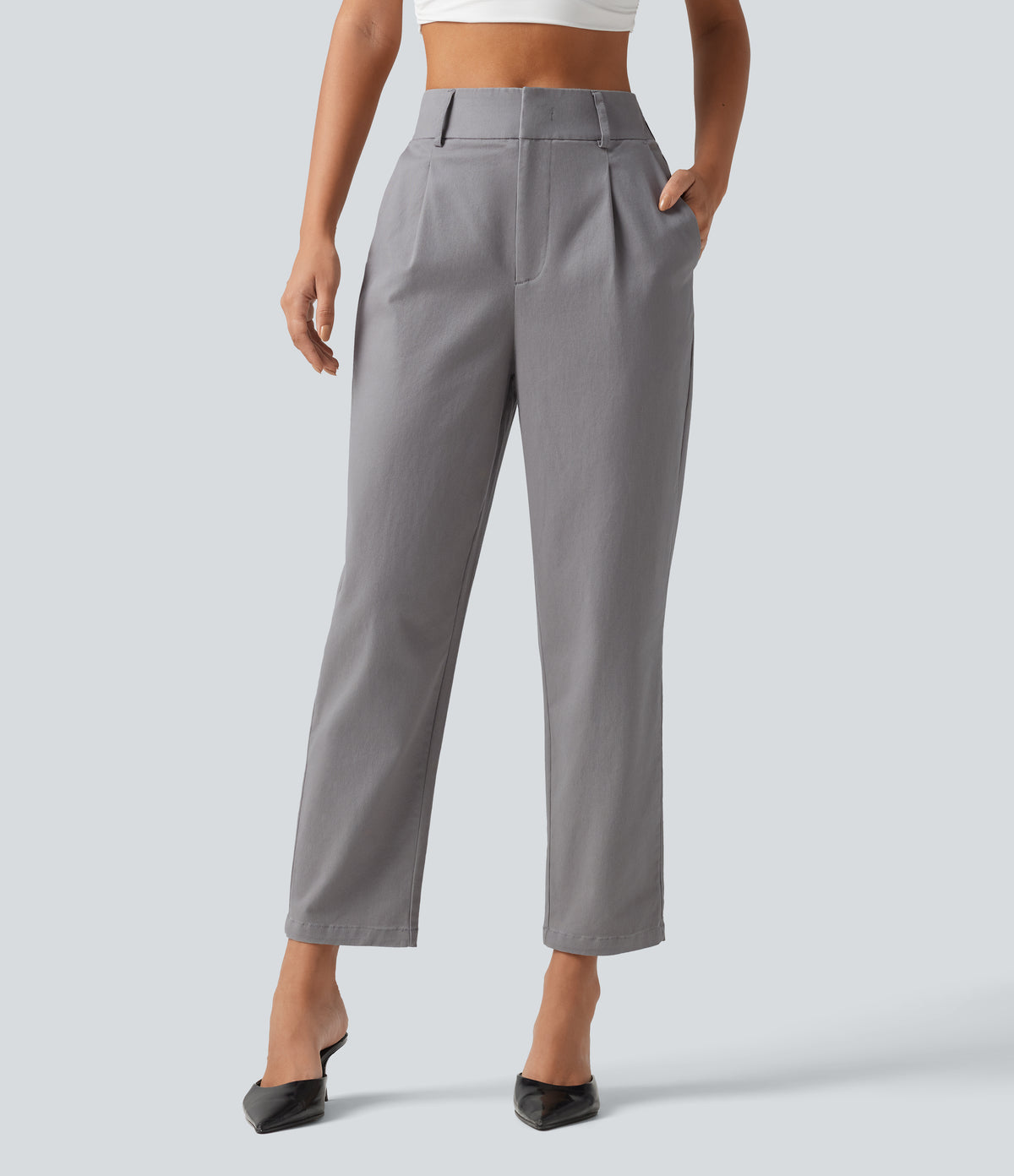 High Waisted Tapered Work Chino Cotton Trousers with Pockets — Gull — view 1