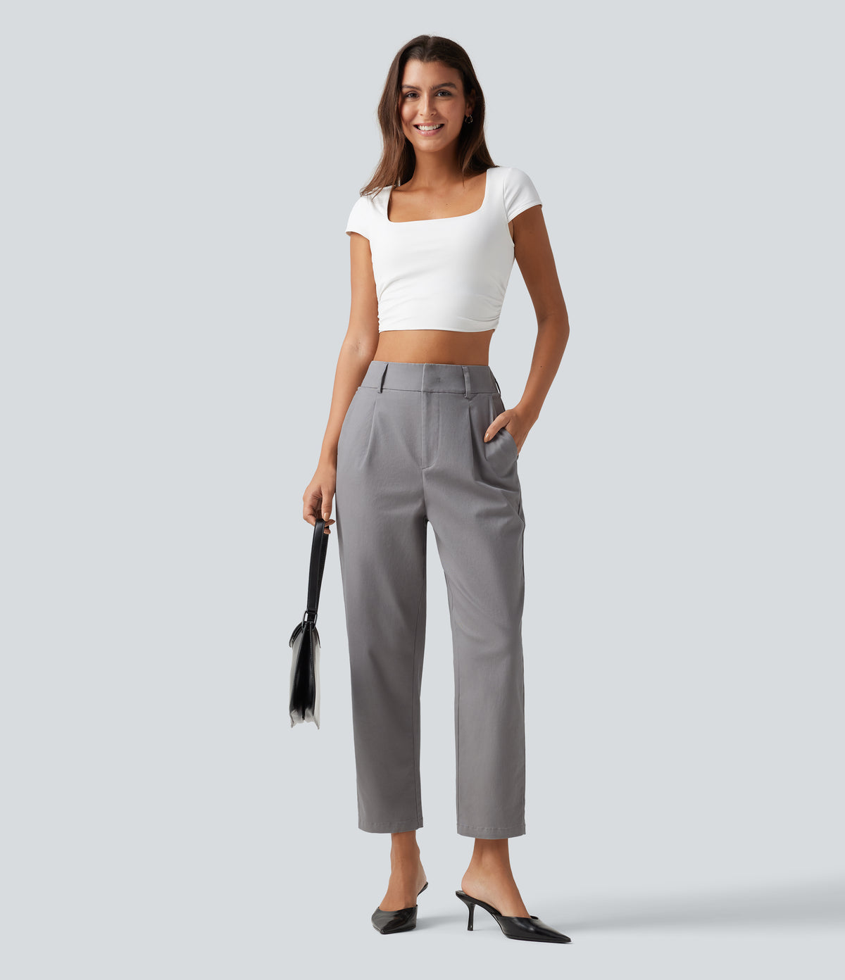 High Waisted Tapered Work Chino Cotton Trousers with Pockets — Gull — view 6