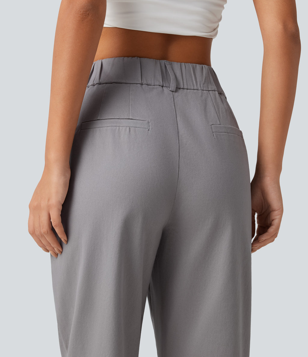 High Waisted Tapered Work Chino Cotton Trousers with Pockets — Gull — view 5