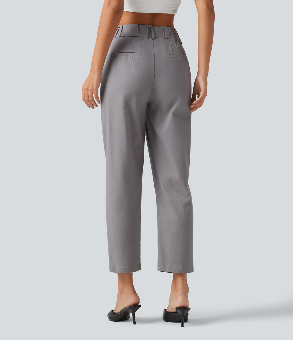 High Waisted Tapered Work Chino Cotton Trousers with Pockets — Gull — view 2