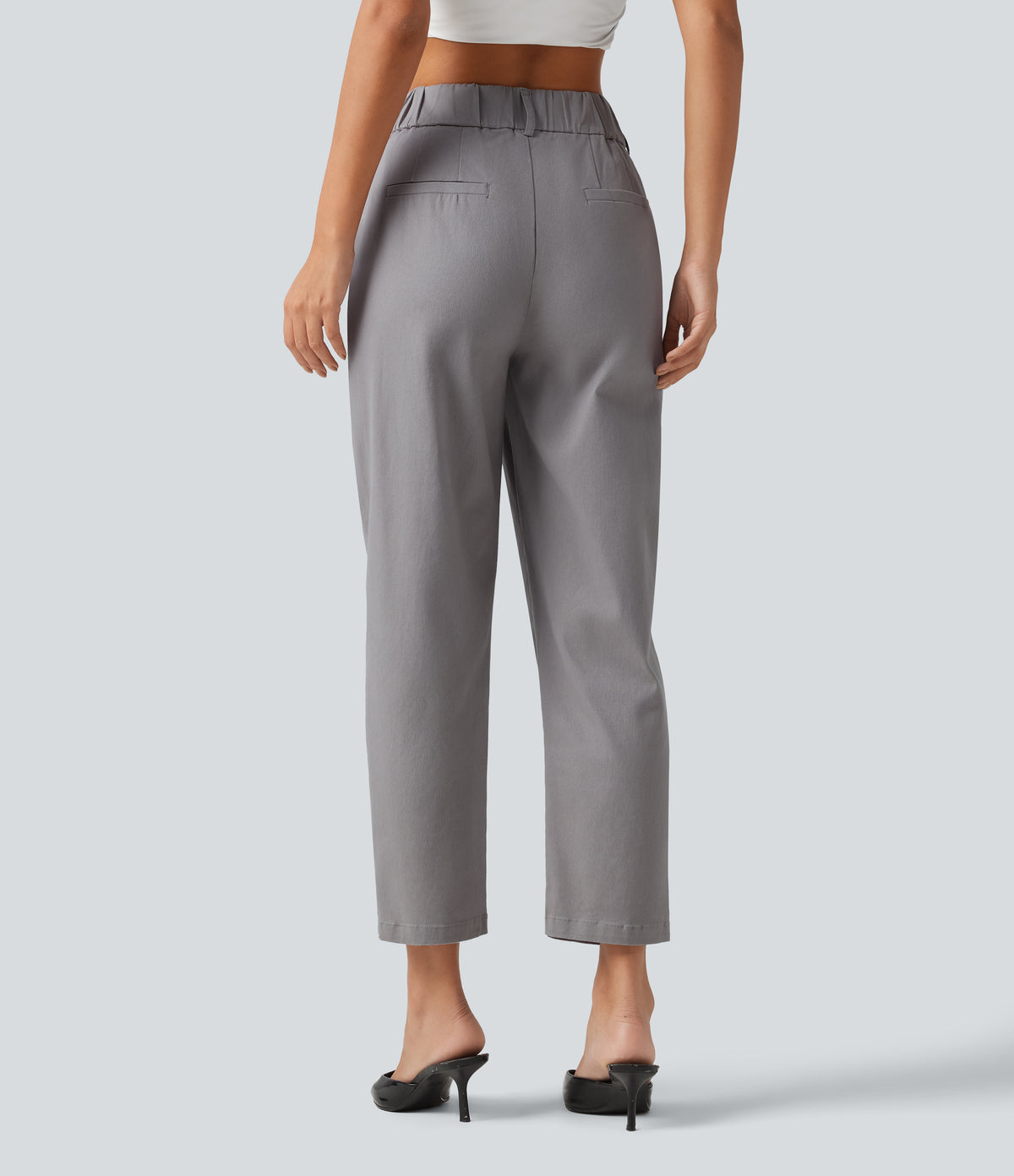 High Waisted Tapered Work Chino Cotton Trousers with Pockets — Gull — view 2