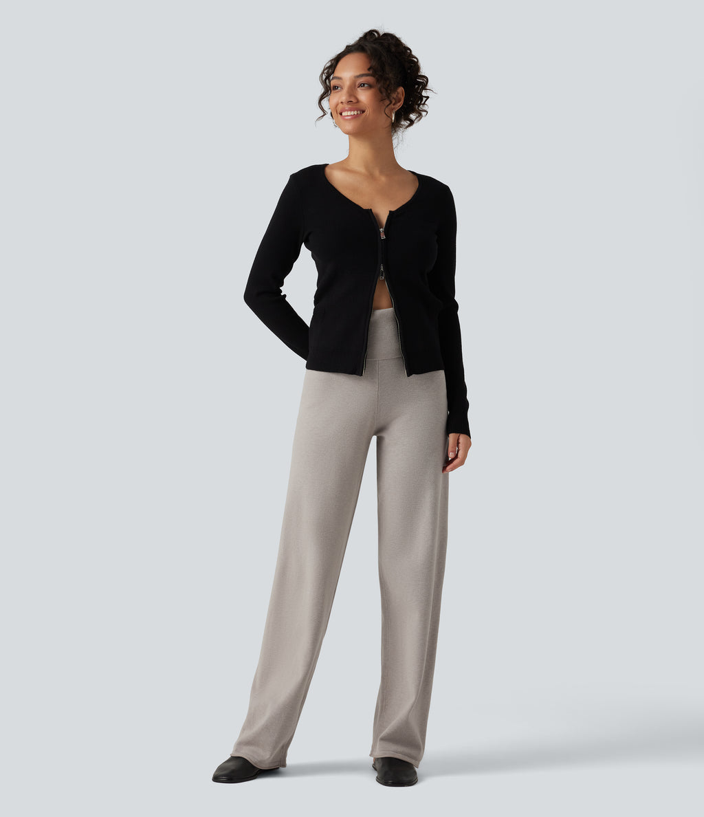 High Waisted Straight Leg Lounge Sweater Trousers — Mica Gray Denim — view 7