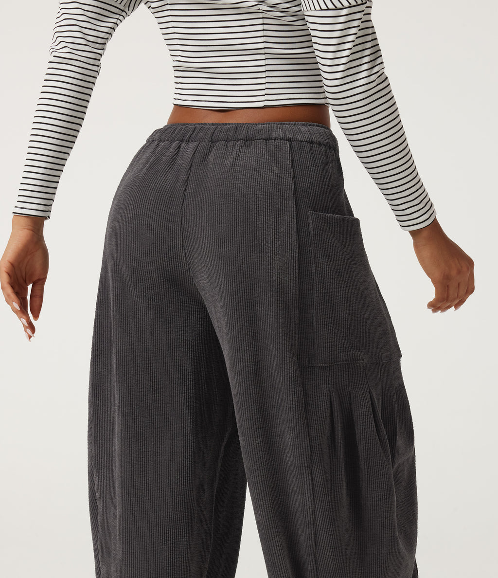 High Waisted Drawstring Corduroy Casual Trousers with Pockets — Steel Gray — view 4