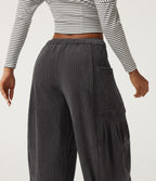 High Waisted Drawstring Corduroy Casual Trousers with Pockets — Steel Gray — view 4