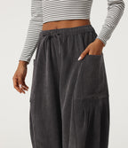 High Waisted Drawstring Corduroy Casual Trousers with Pockets — Steel Gray — view 5