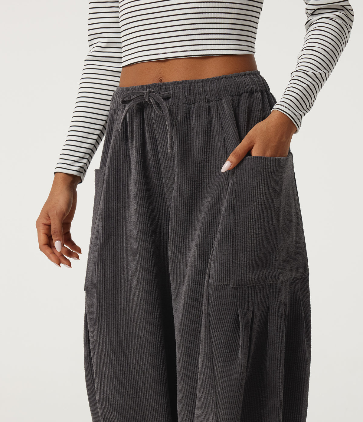High Waisted Drawstring Corduroy Casual Trousers with Pockets — Steel Gray — view 5