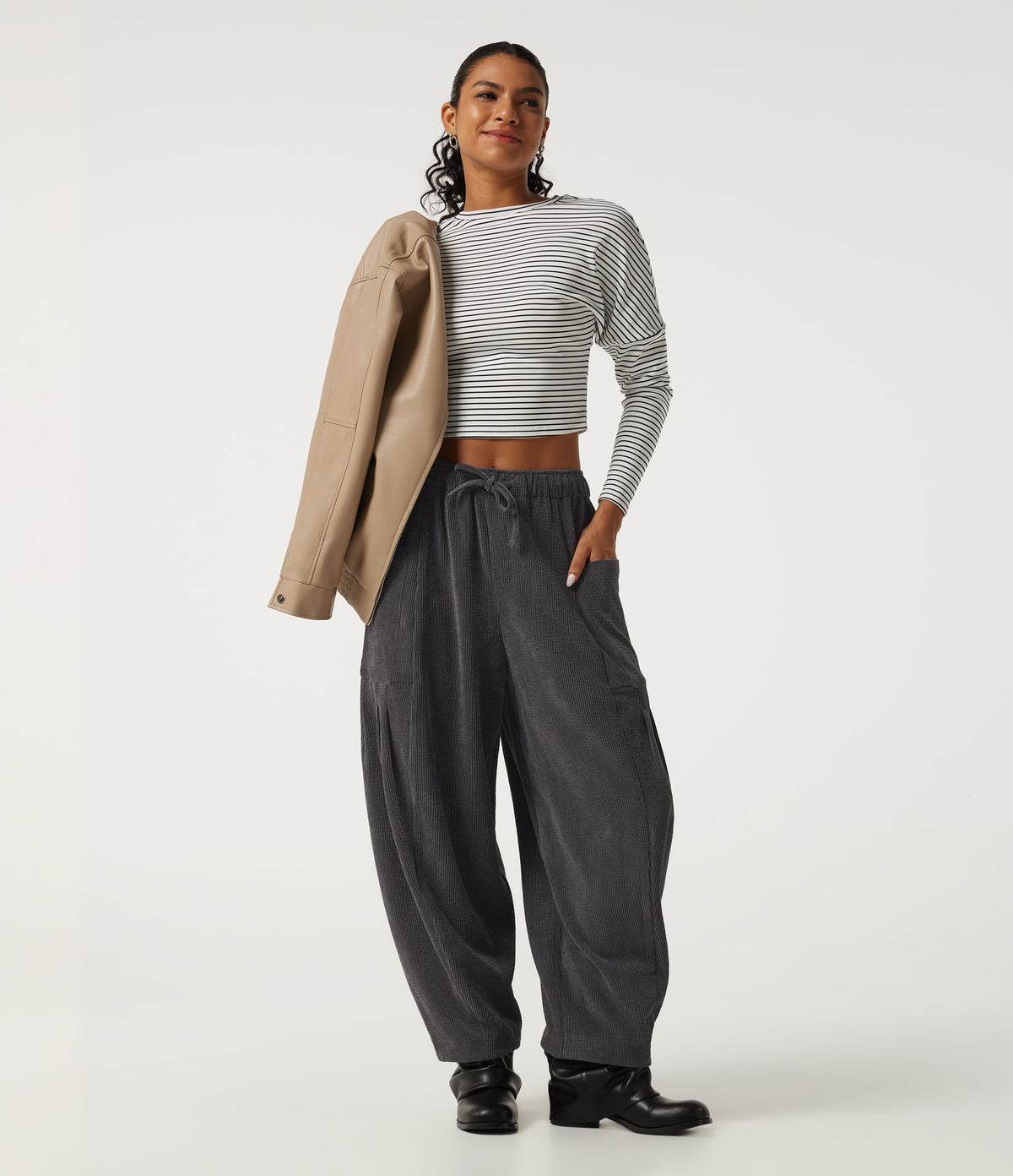 High Waisted Drawstring Corduroy Casual Trousers with Pockets — Steel Gray — view 6