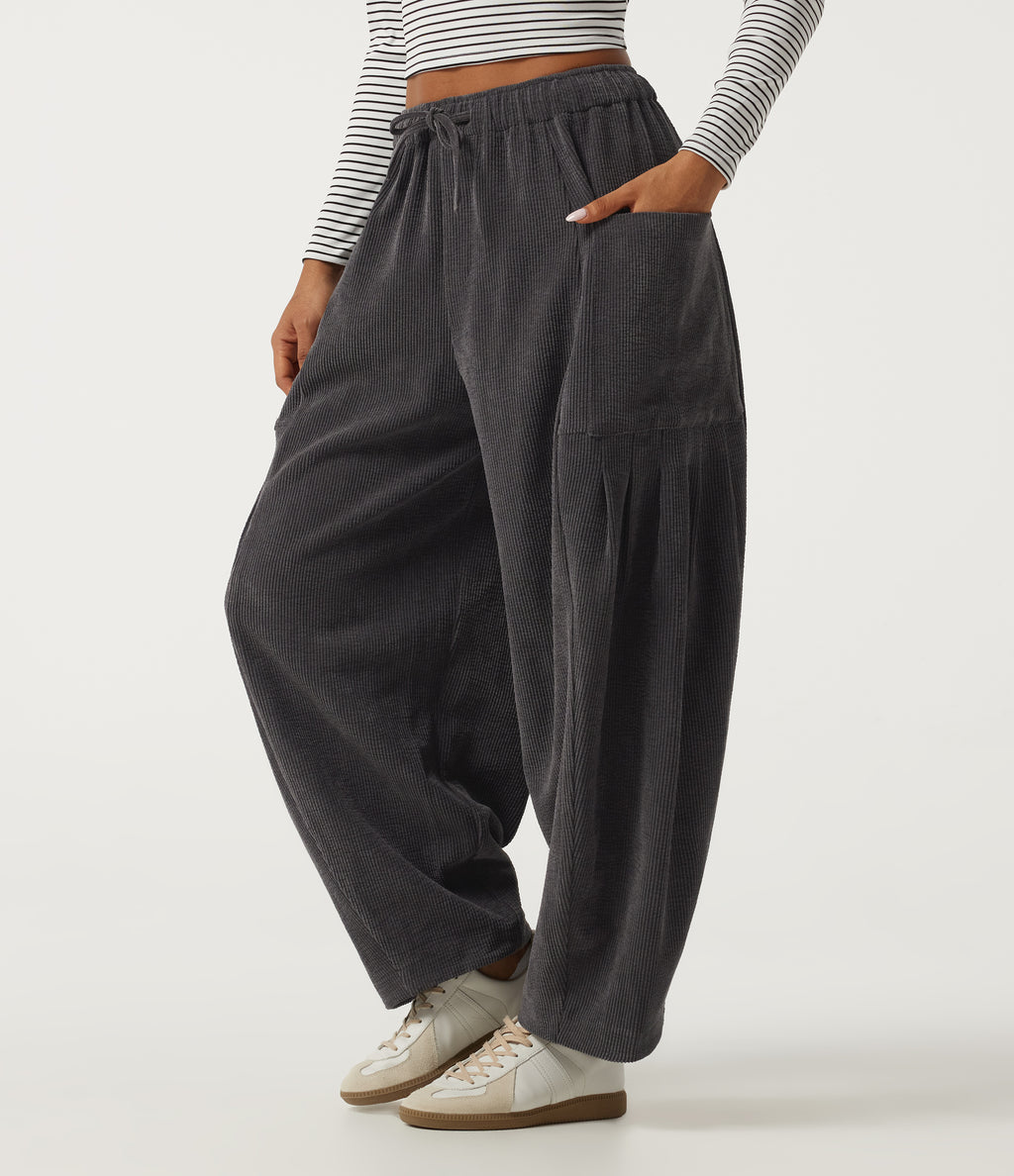 High Waisted Drawstring Corduroy Casual Trousers with Pockets — Steel Gray — view 3