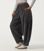 High Waisted Drawstring Corduroy Casual Trousers with Pockets — Steel Gray — view 3