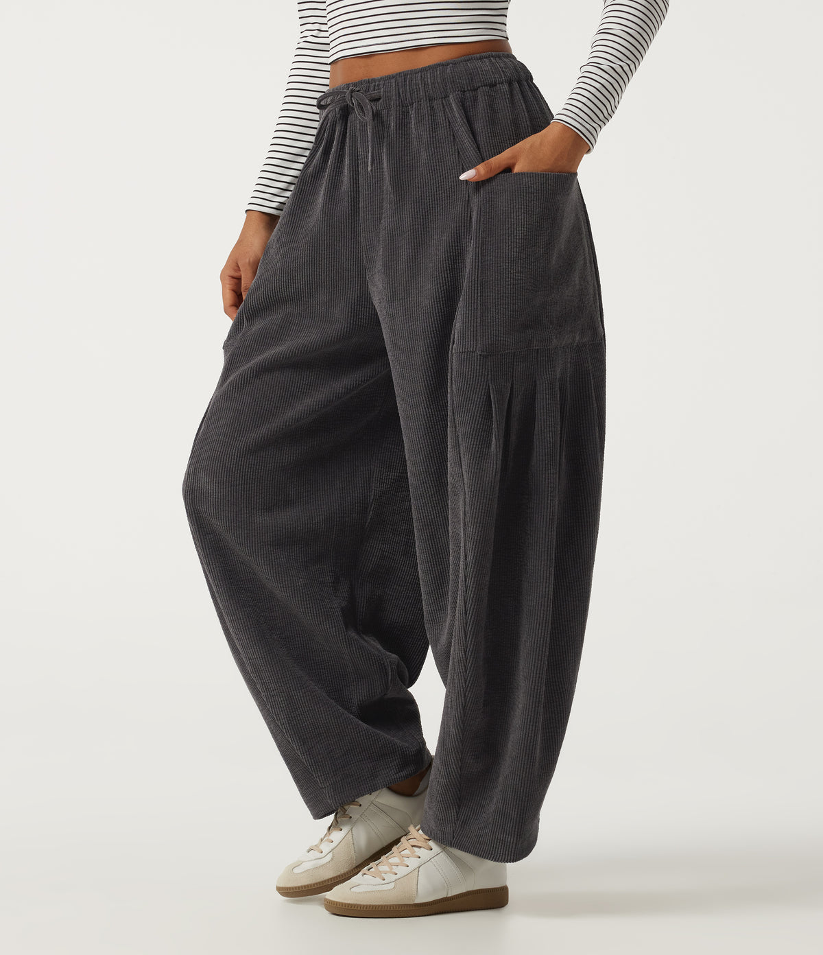 High Waisted Drawstring Corduroy Casual Trousers with Pockets — Steel Gray — view 3