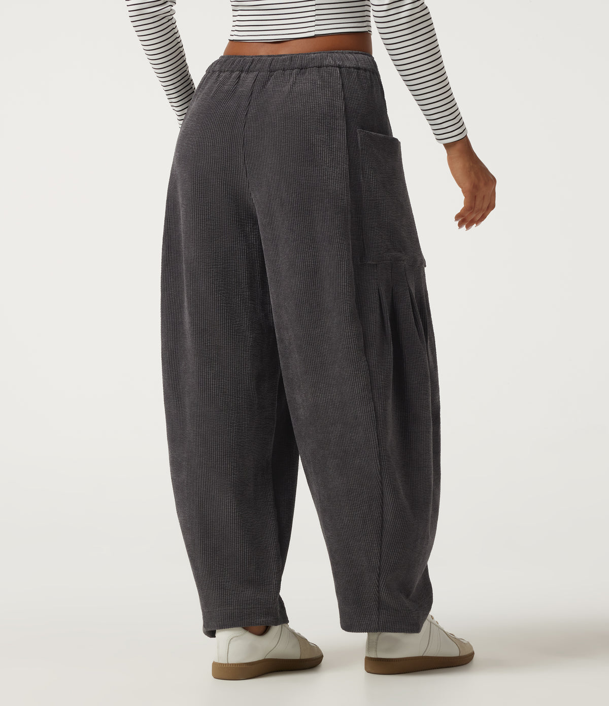 High Waisted Drawstring Corduroy Casual Trousers with Pockets — Steel Gray — view 2