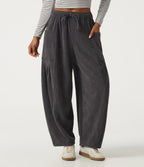 High Waisted Drawstring Corduroy Casual Trousers with Pockets — Steel Gray — view 1