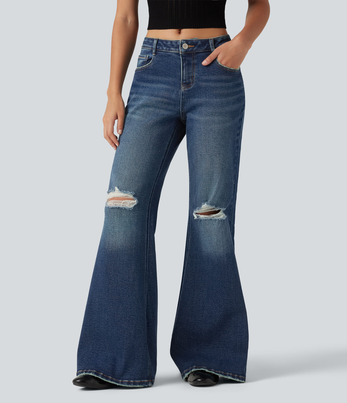 Low Rise Casual Flare Jeans with Pockets — Tide Blue Denim — view 3