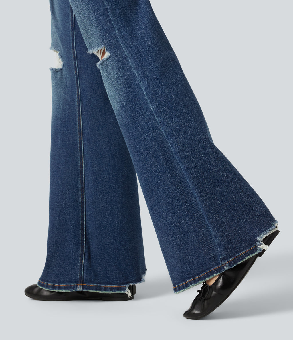 Low Rise Casual Flare Jeans with Pockets — Tide Blue Denim — view 8