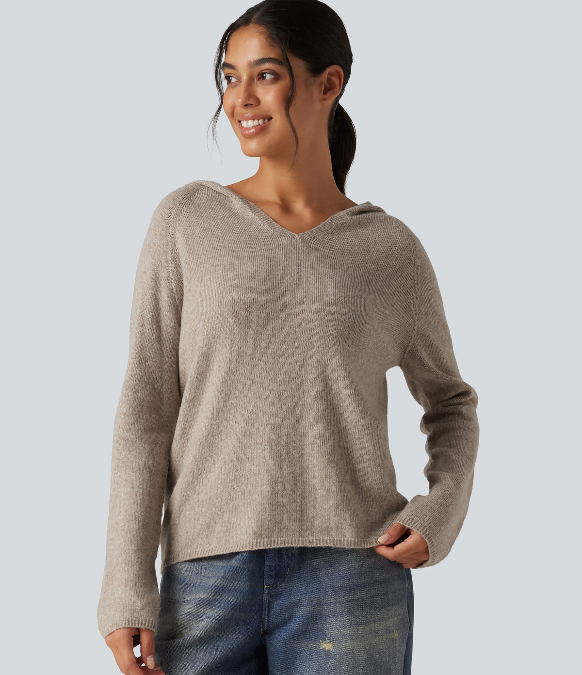 Hooded Long Sleeve Casual Jumper — Oatmeal Khaki — view 5