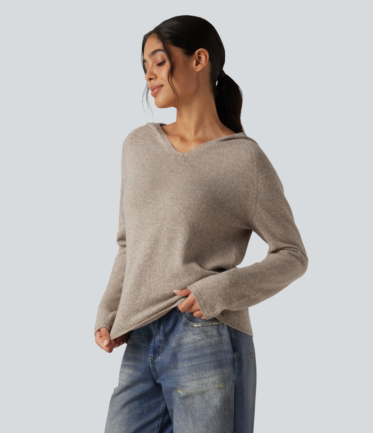 Hooded Long Sleeve Casual Jumper — Oatmeal Khaki — view 3