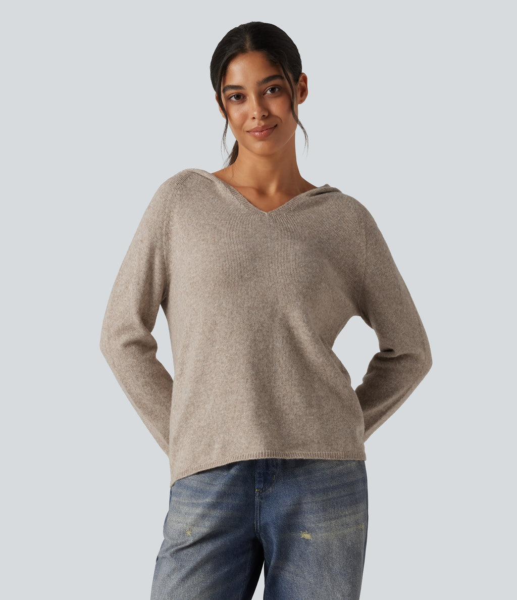 Hooded Long Sleeve Casual Jumper — Oatmeal Khaki — view 4