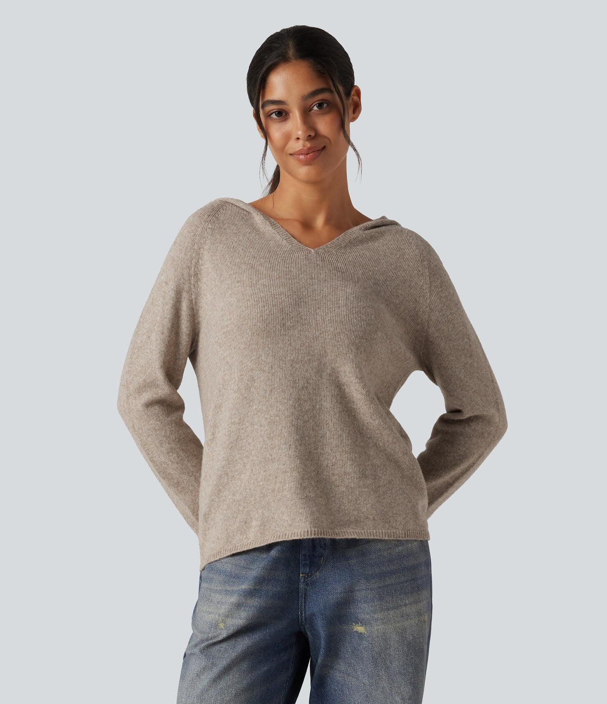 Hooded Long Sleeve Casual Jumper — Oatmeal Khaki — view 4