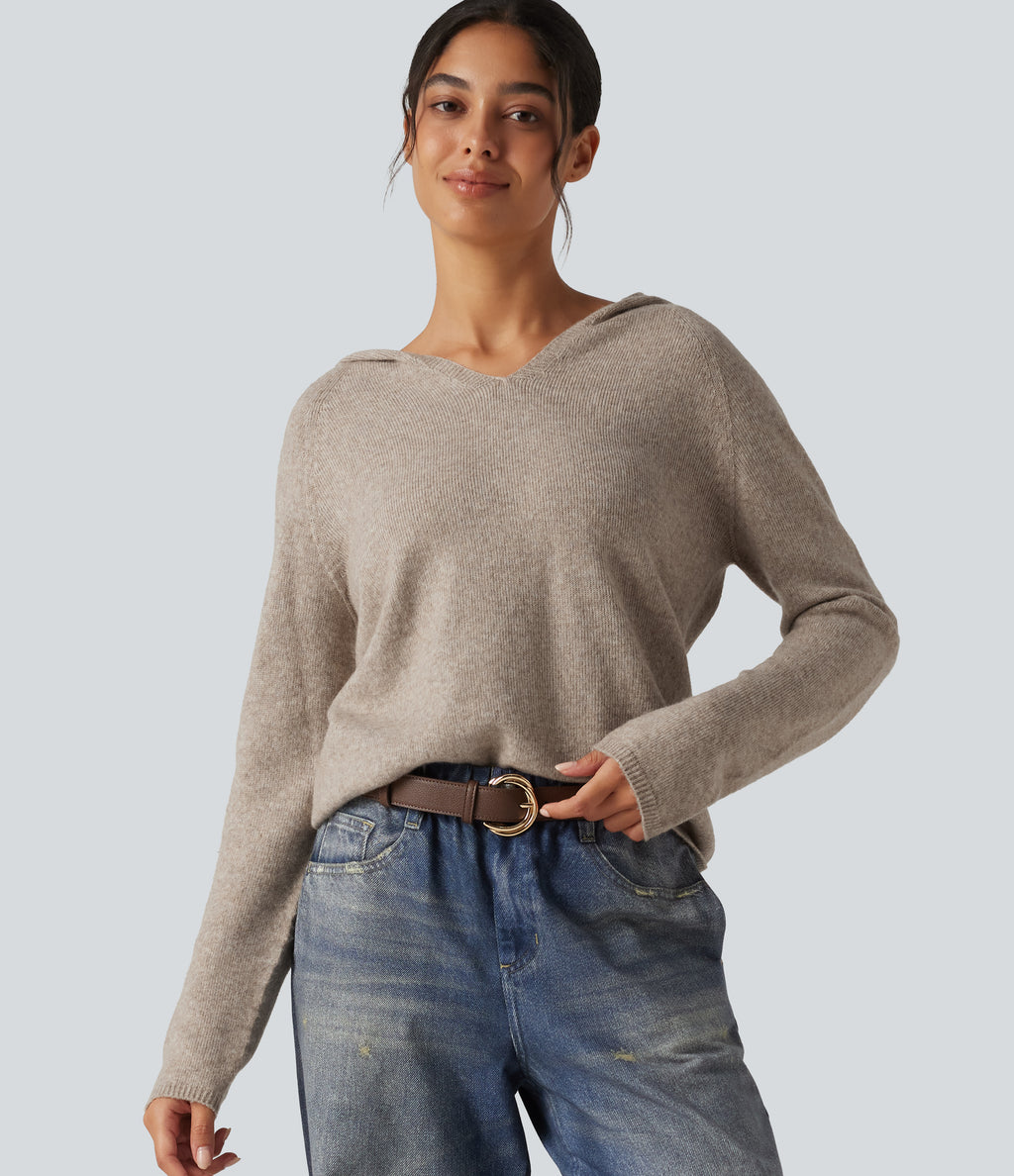 Hooded Long Sleeve Casual Jumper — Oatmeal Khaki — view 1