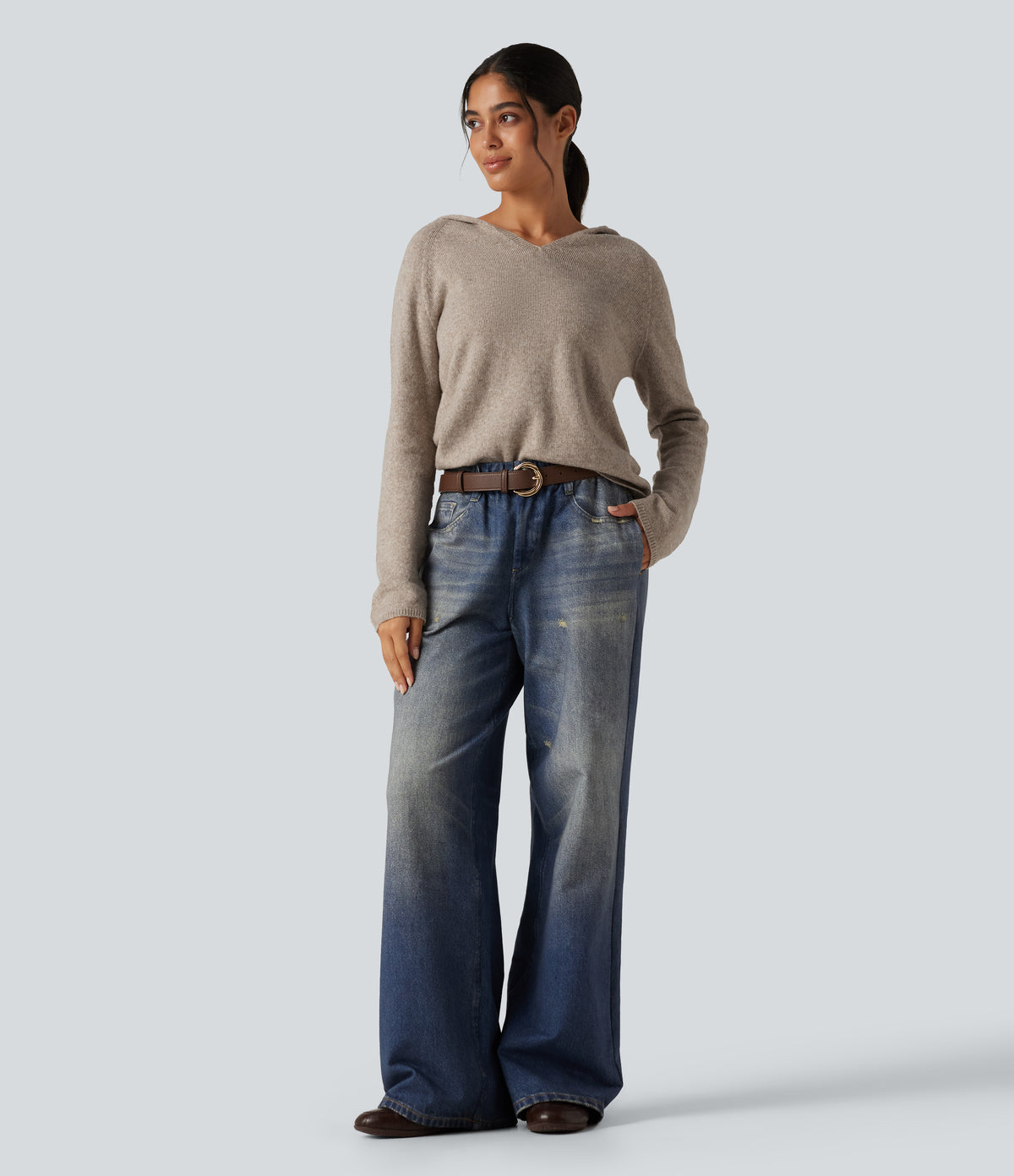 Hooded Long Sleeve Casual Jumper — Oatmeal Khaki — view 7