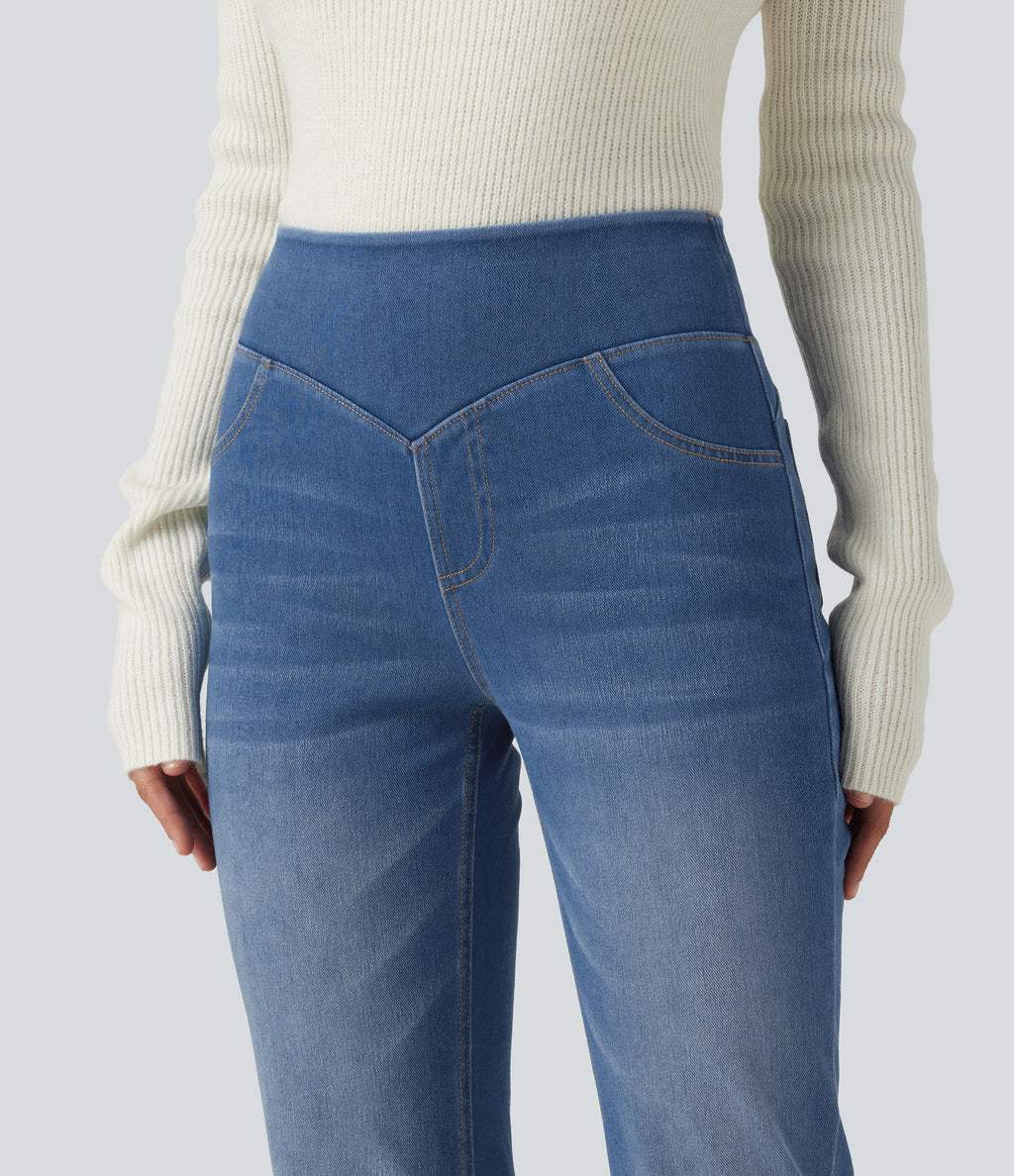 Mid Rise Bootcut Denim Casual Leggings with Pockets — Gulf Stream Blue Denim — view 5