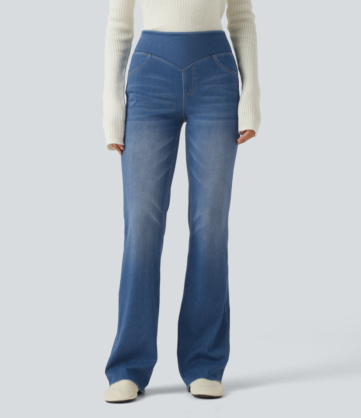 Mid Rise Bootcut Denim Casual Leggings with Pockets — Gulf Stream Blue Denim — view 1