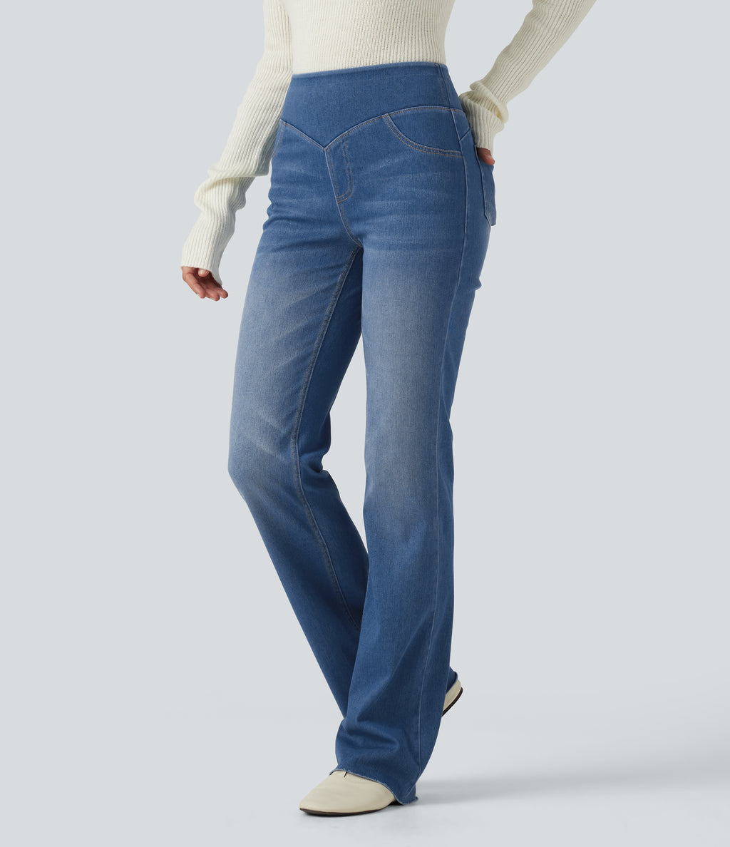 Mid Rise Bootcut Denim Casual Leggings with Pockets — Gulf Stream Blue Denim — view 3