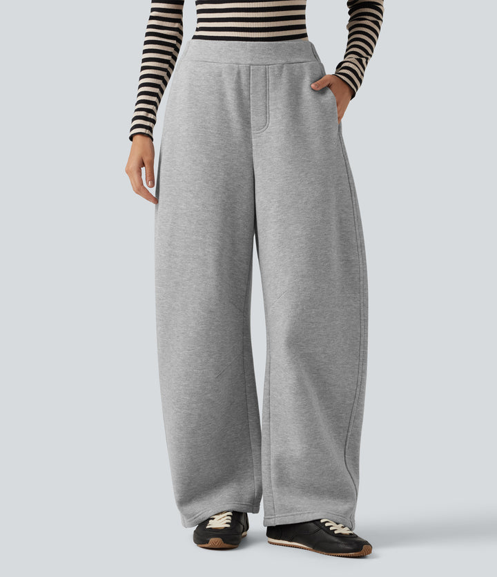 Mid Rise Barrel Leg Fleece Casual Cotton Sweatpants with Pockets — Cold Slate Grey — view 1