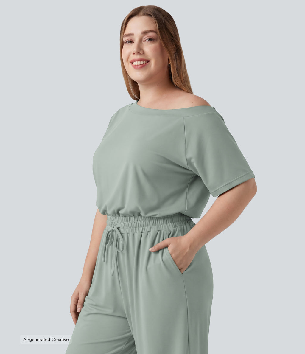 Plus Size Boat Neck Short Sleeve Drawstring Baggy Casual Jumpsuit with Pockets-Edition — Aqua Gray — view 4