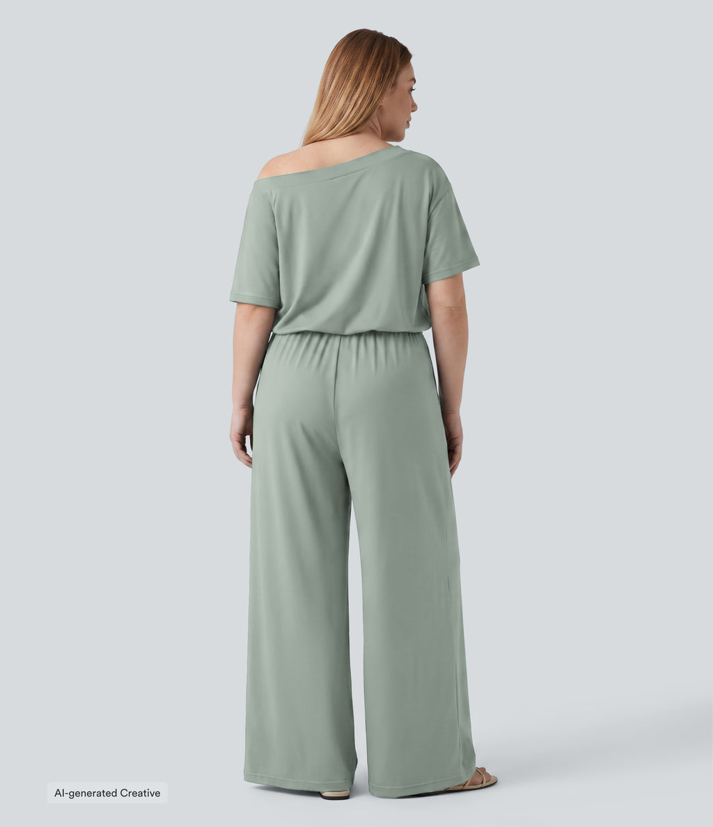 Plus Size Boat Neck Short Sleeve Drawstring Baggy Casual Jumpsuit with Pockets-Edition — Aqua Gray — view 2