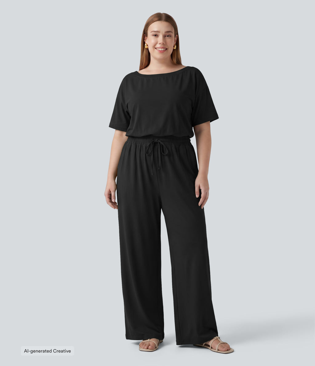 Plus Size Boat Neck Short Sleeve Drawstring Baggy Casual Jumpsuit with Pockets-Edition — Black — view 6