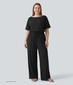 Plus Size Boat Neck Short Sleeve Drawstring Baggy Casual Jumpsuit with Pockets-Edition — Black — view 6