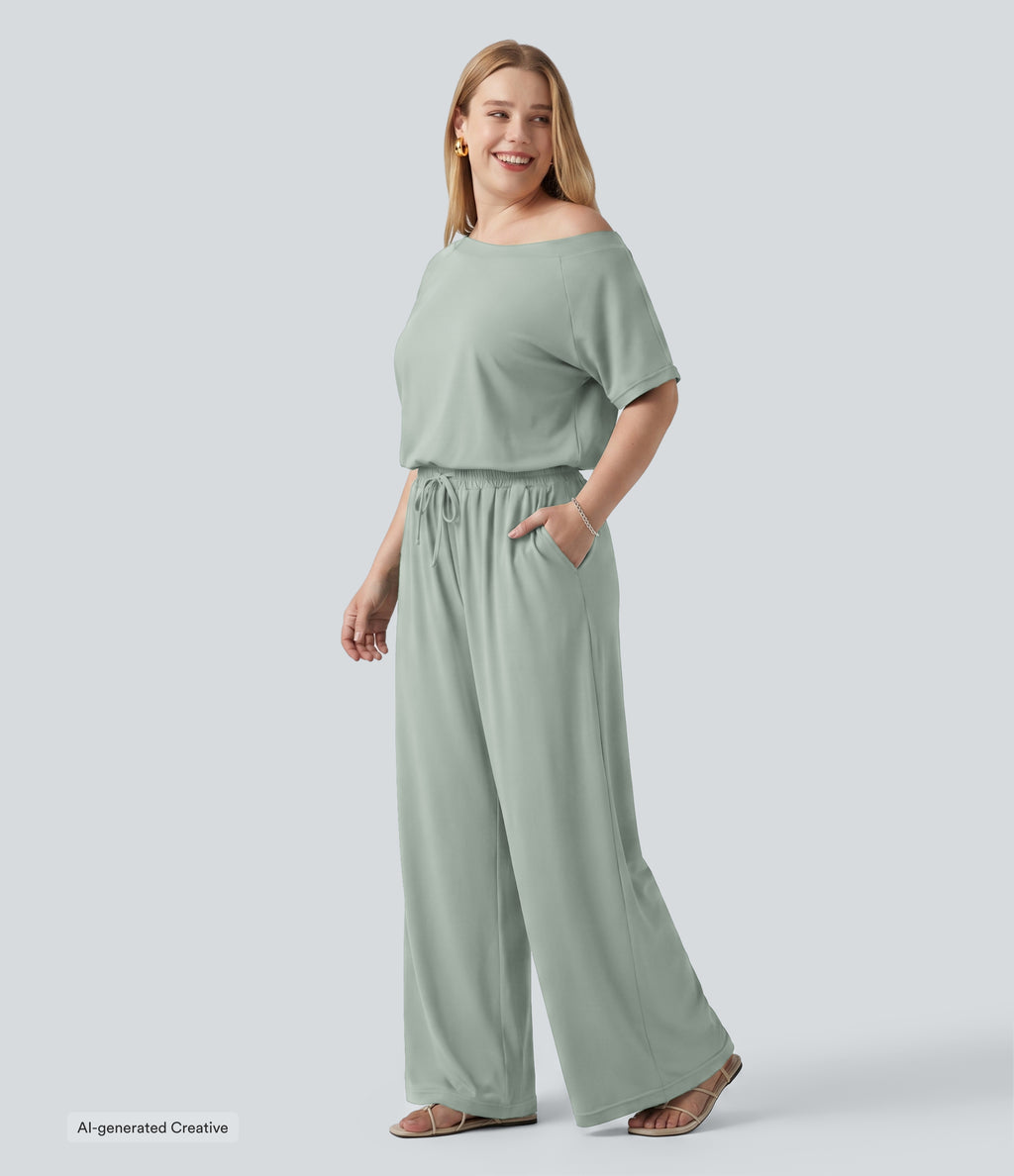Plus Size Boat Neck Short Sleeve Drawstring Baggy Casual Jumpsuit with Pockets-Edition — Aqua Gray — view 3