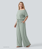 Plus Size Boat Neck Short Sleeve Drawstring Baggy Casual Jumpsuit with Pockets-Edition — Aqua Gray — view 3